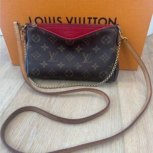Louis Vuitton Pallas Clutch Crossbody Bag- Red and Brown Monogram